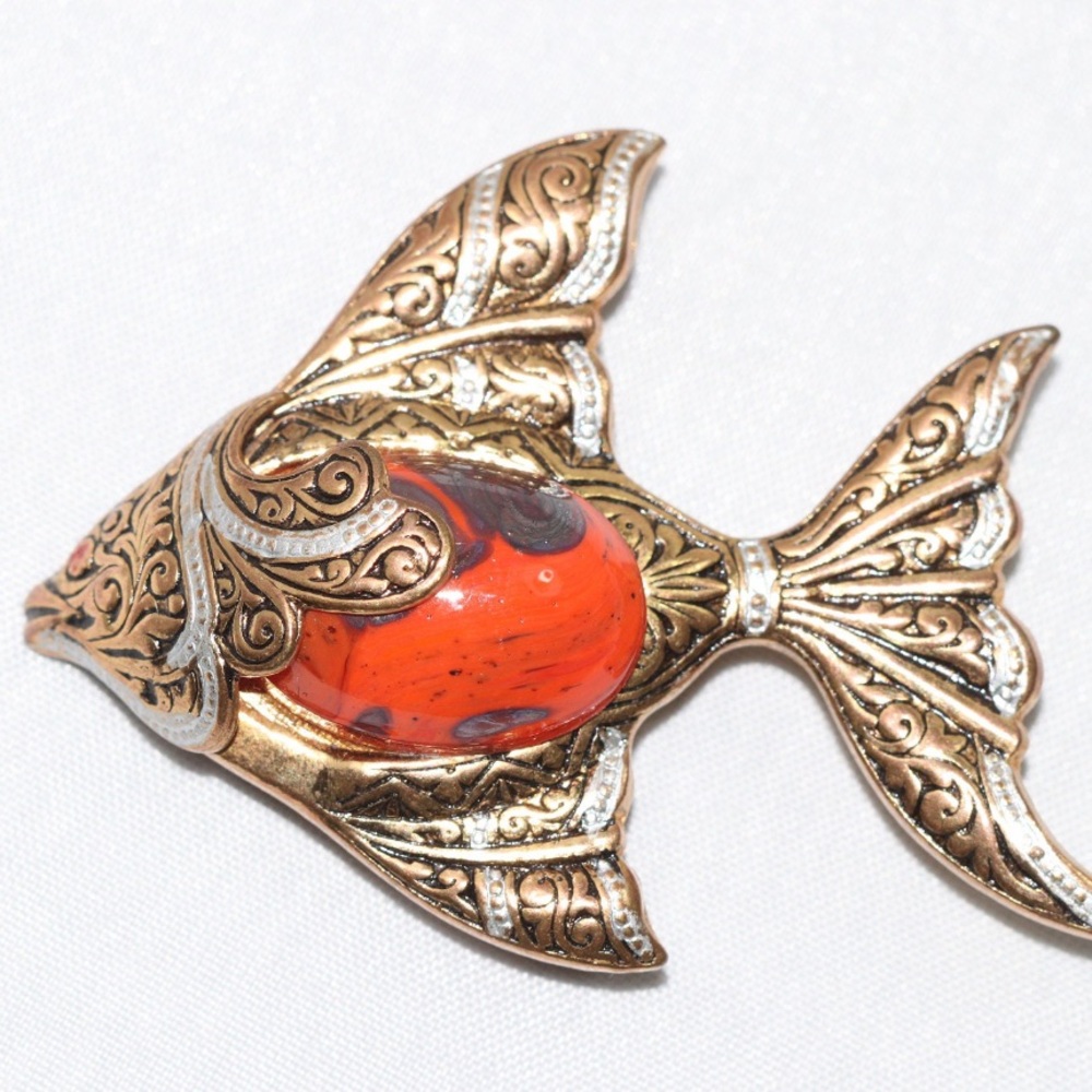 Vintage Damascene Angel Fish Brooch 1 3/4” Gold & Black Enamel w Glass Cabochon